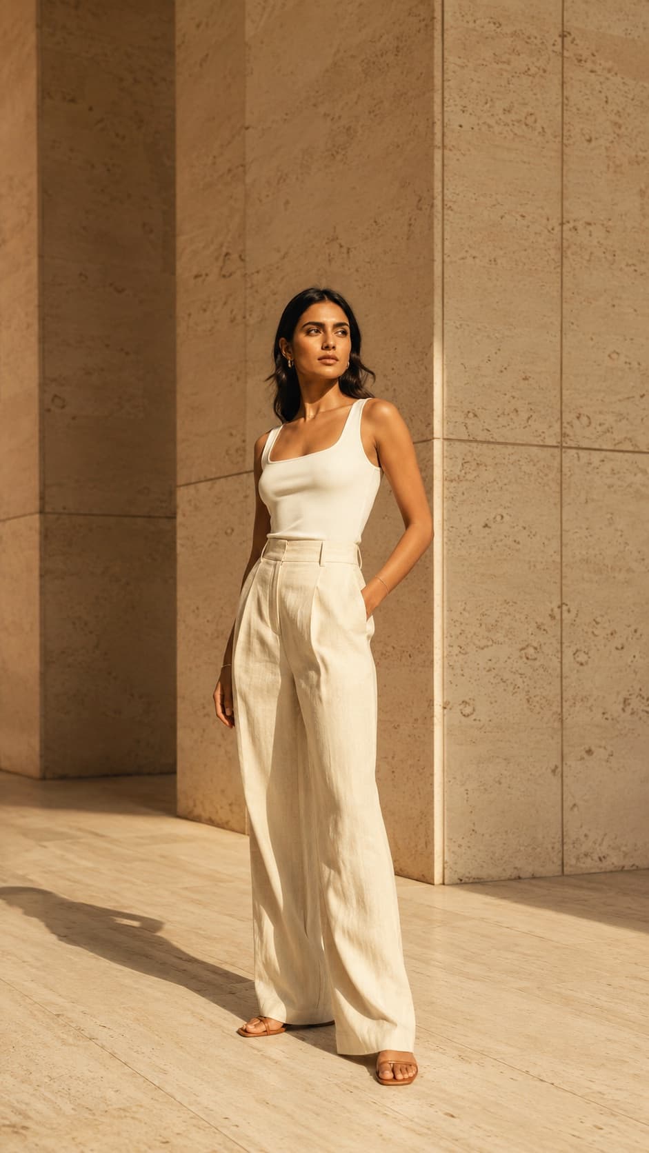 A woman posing in warm architectural light